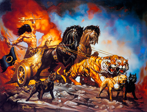 There is nothing manlier, or more metal, than a giant oily guy, wielding a trident while crossing a devastated wasteland in a tiger and pitbull drawn chariot.